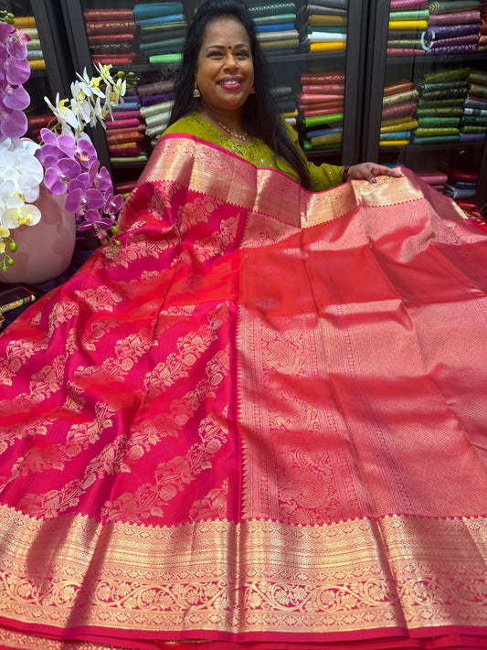 Kanchipuram Pure Silk Saree Bridal Reddish Pink Kanjivaram Sari SPK481