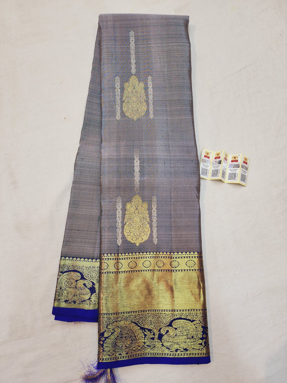 Kanchipuram Pure Silk Saree Grey & Blue with Gold Kanjivaram Sari| SPK146