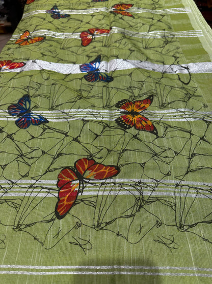 Khadi Soft Cotton Linen Sari Indian Saree Mint Green Butterfly S78