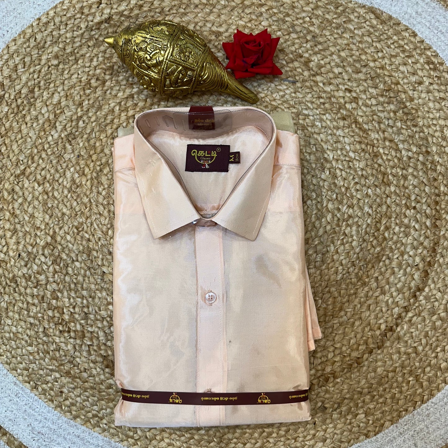 Medium Men’s South Indian Vesti Shirt Shawl Combo Semi Silk Dhotti V8