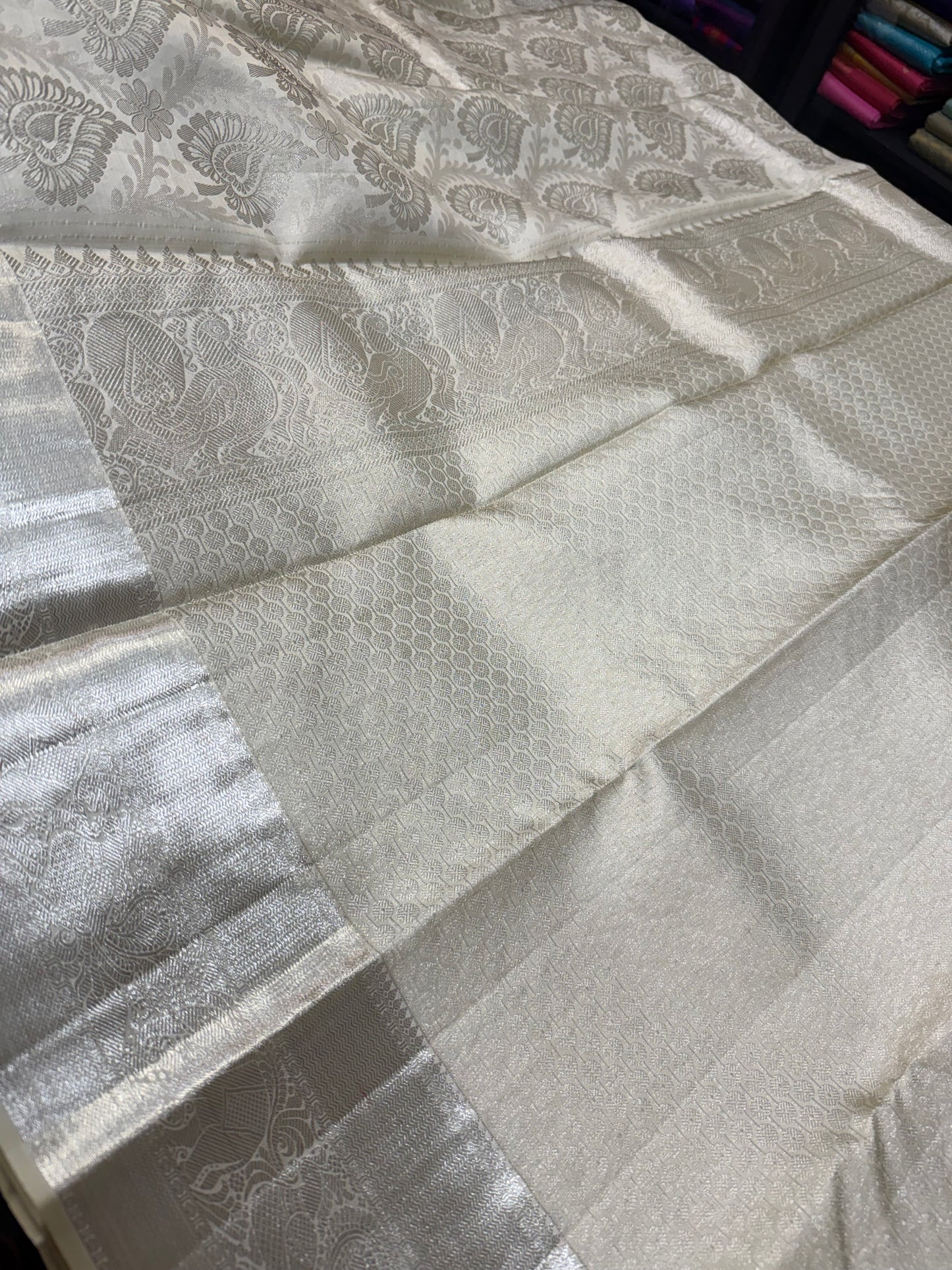 Kanchipuram Pure Silk handloom Bridal Saree Indian Kanjivaram Off White Sari SPK384