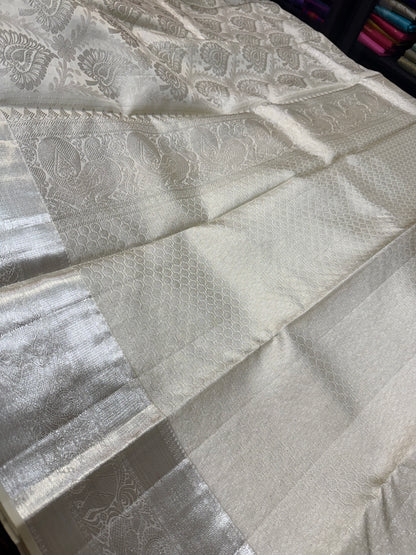Kanchipuram Pure Silk handloom Bridal Saree Indian Kanjivaram Off White Sari SPK384