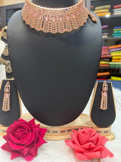 AD American Diamond Indian Rose Gold Necklace set Baby Pink N7