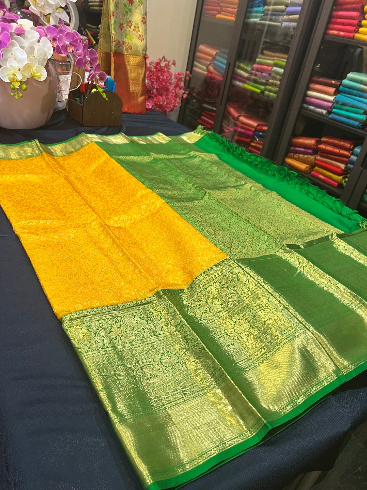 Kanchipuram Pure Silk Saree Yellow & Green Kanjivaram Sari| SPK087