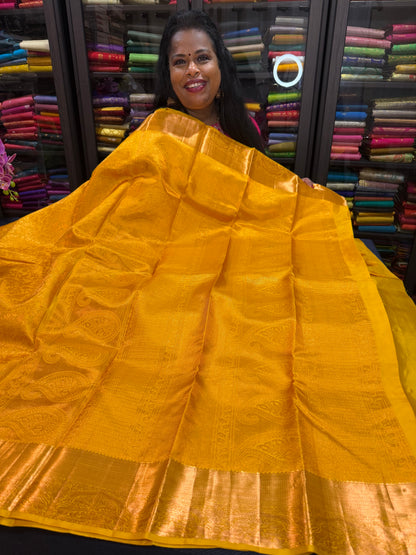 Kanchipuram Pure Silk handloom Bridal Saree Indian Kanjivaram Yellow Sari SPK367