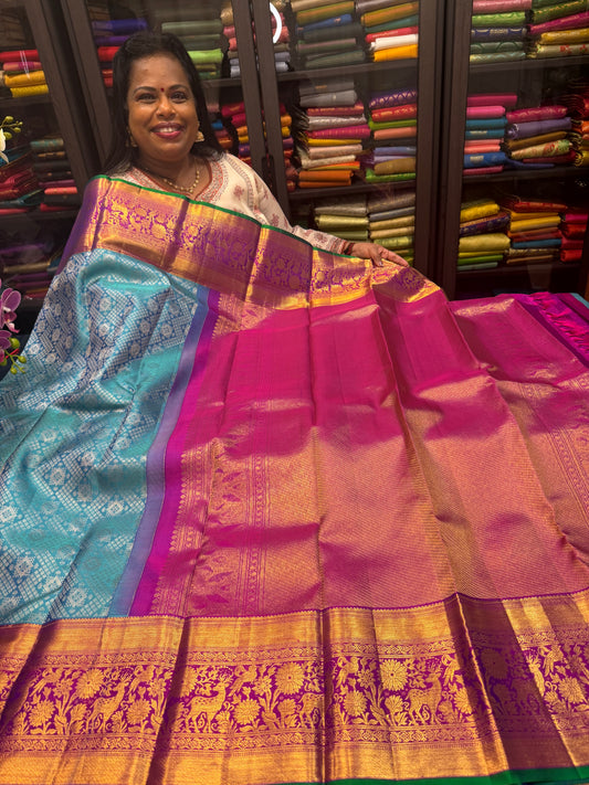 Korvai Kanchipuram Pure Silk Saree Bridal Handloom Indian Kanjivaram Sari Blue SPK355