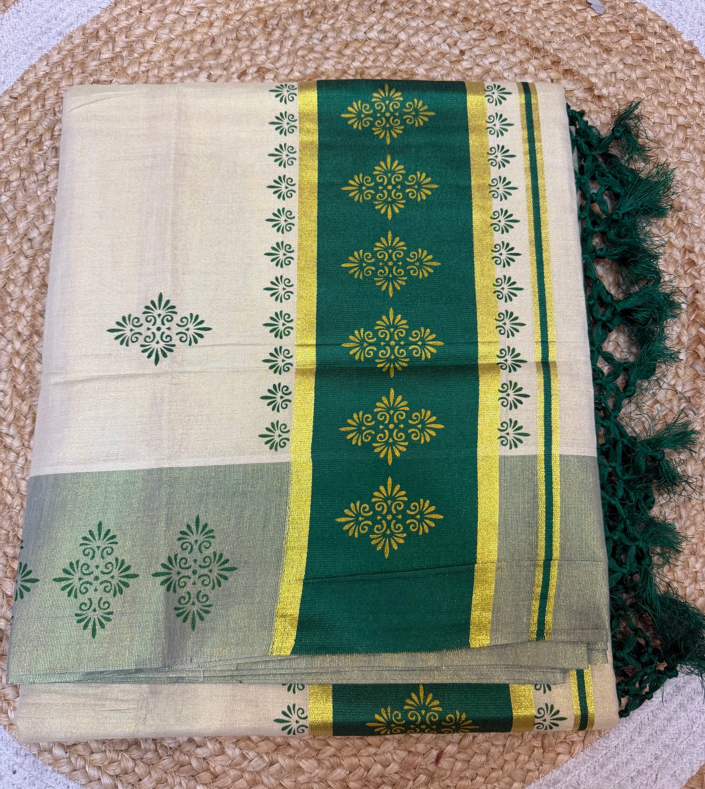 Green Kerala Vishu Sari Indian Cream Tissue Saree C9 - Col 2