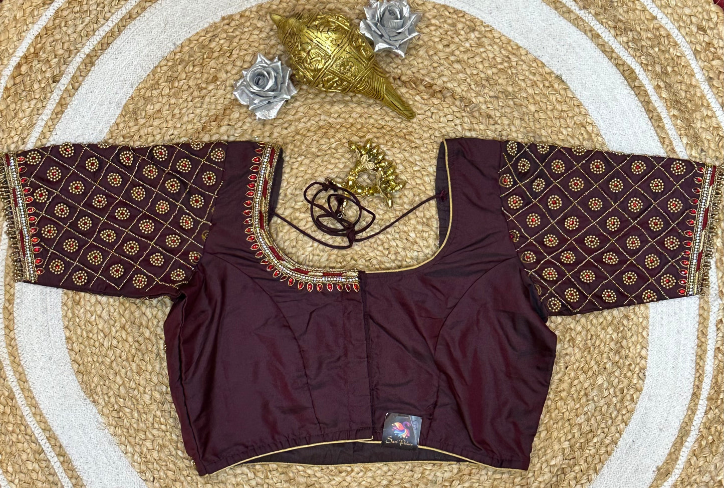 34” XSmall size Aari Worked Sari Blouse Indian Saree Top MAROON B142