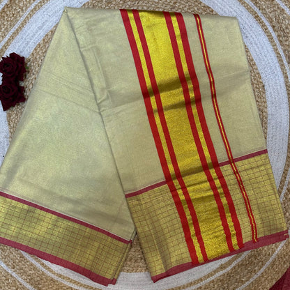 Red Kerala Vishu Sari Indian Cream Tissue Saree C35 - Col 7