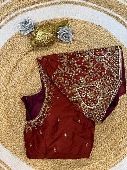 48” Size 18 Aari Worked Sari Blouse Indian Saree Top Silk Maroon B128