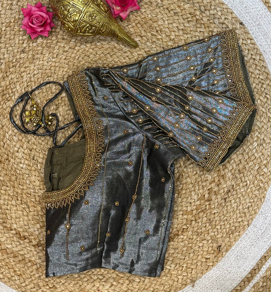 40” Size 10 Aari Worked Sari Blouse Indian Saree Top Silk Metallic Grey B89