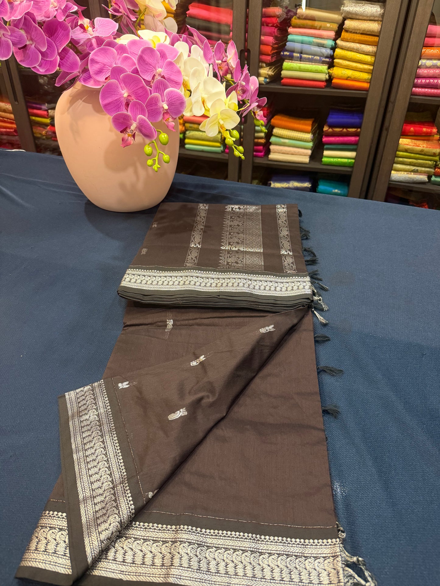 Brown Silver Kalyani Silk Cotton Traditional Sari South Indian Saree S140