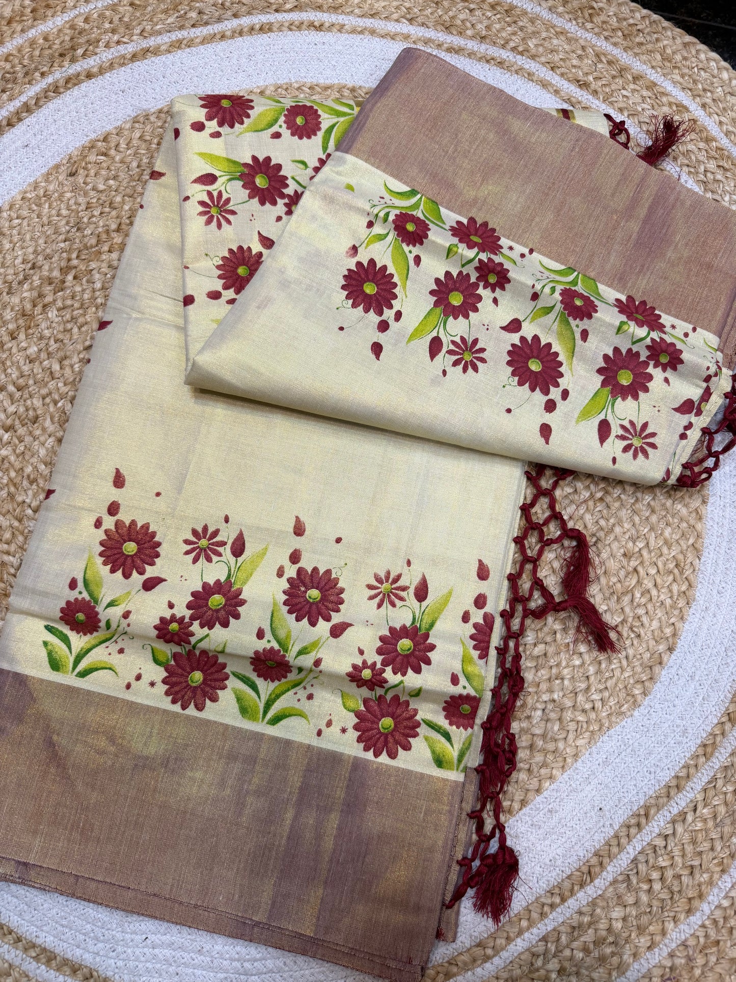 Maroon Kerala Vishu Sari Indian Cream Tissue hand Printed Onam Saree C16