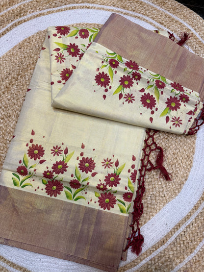 Maroon Kerala Vishu Sari Indian Cream Tissue hand Printed Onam Saree C16
