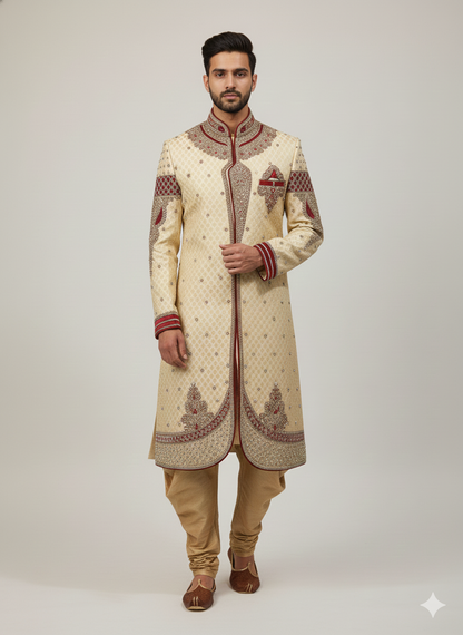 38” Medium size Men’s Kurta Indian Ceam & Maroon Sherwani Bollywood outfit M13