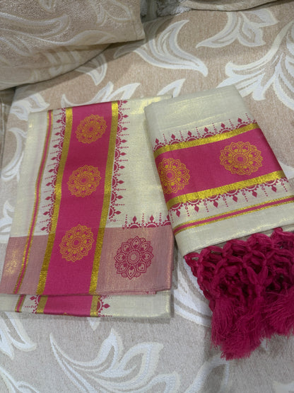 Kerala Multi Set Mundu Vishu Sari Indian hand Printed Kasavu Onam Saree C53