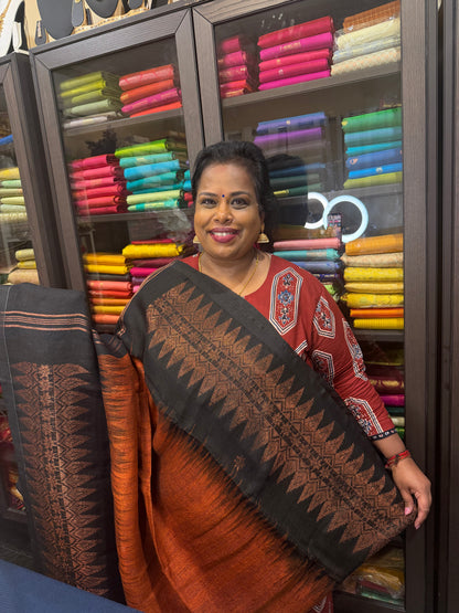 Silk Cotton Linen Sari Indian Saree Copper Jari Mehendi Green Black S127