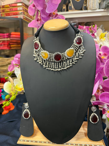 Handmade Brass Necklace with Silver polish Indian Tribal Maroon Yellow Jewellery N97