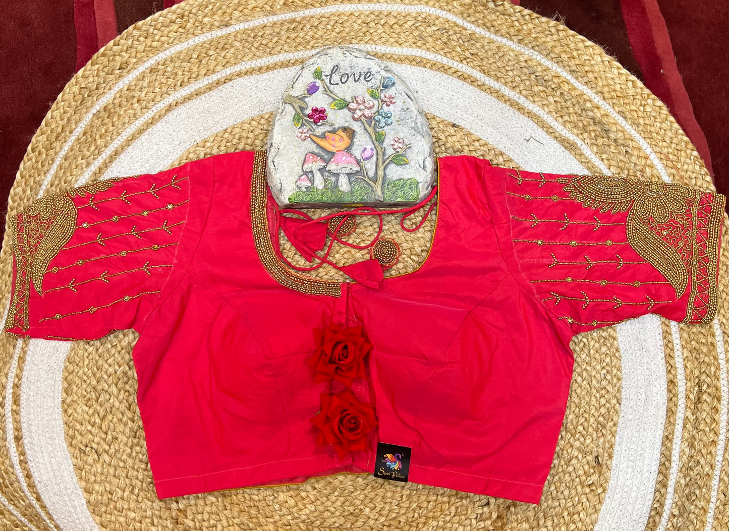 40” Bridal Aari hand Worked Sari Blouse Indian Top Choli Silk Red B38