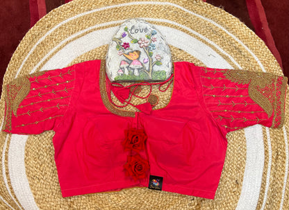 40” Bridal Aari hand Worked Sari Blouse Indian Top Choli Silk Red B38