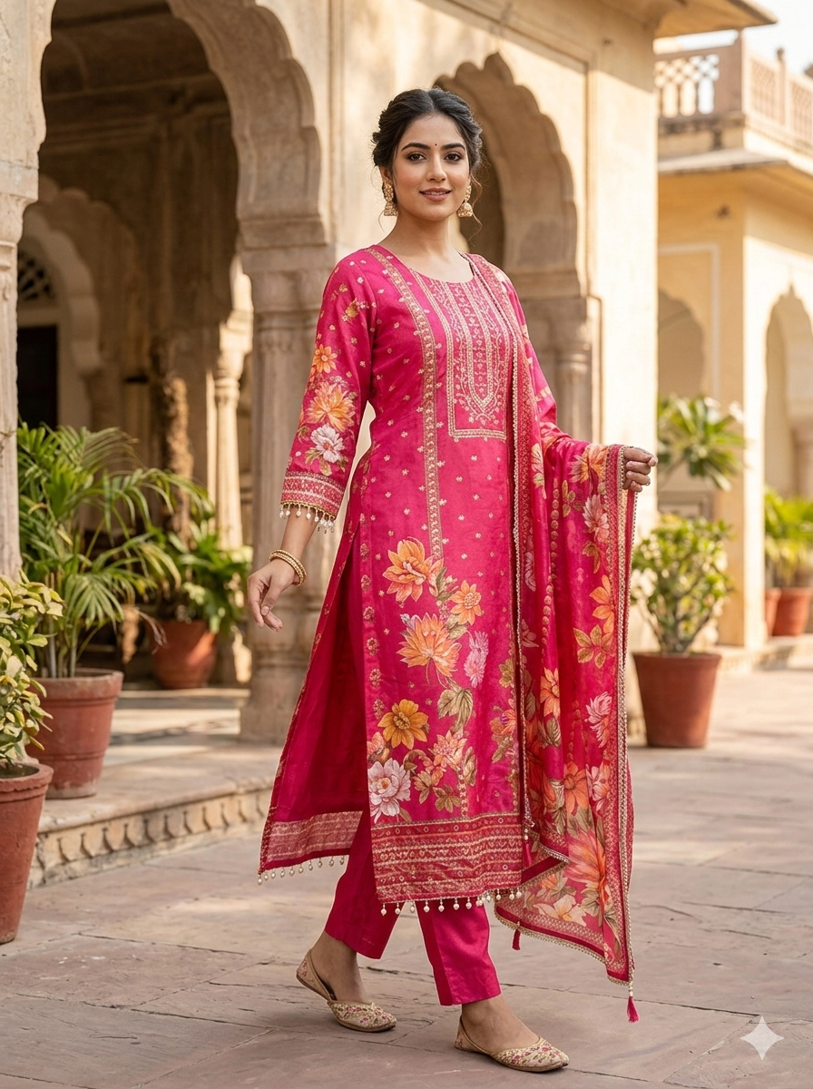 Pink Floral Indian Pakistani Outfit Salwar Kameez Kurti Suit EID SS41