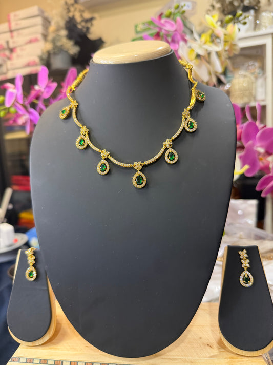 Indian Brass Necklace & Earrings Jewellery Set Green N70
