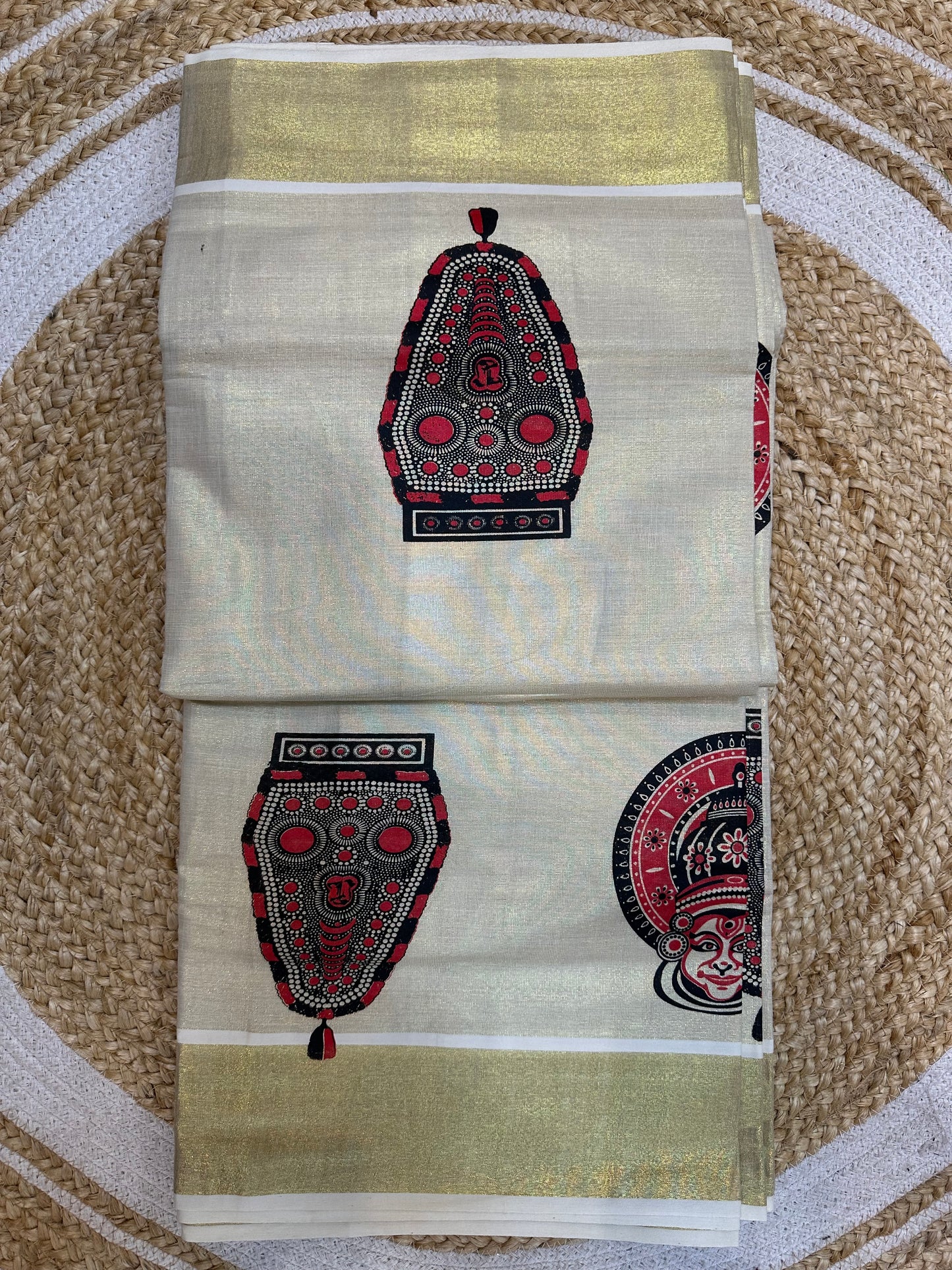 Red Kerala Vishu Sari Indian Cream Tissue hand Printed Onam Saree C17 Col 3