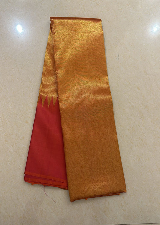 Raising Border Kanchipuram Pure Silk Saree Pinkish Orange Kanjivaram Sari| SPK142