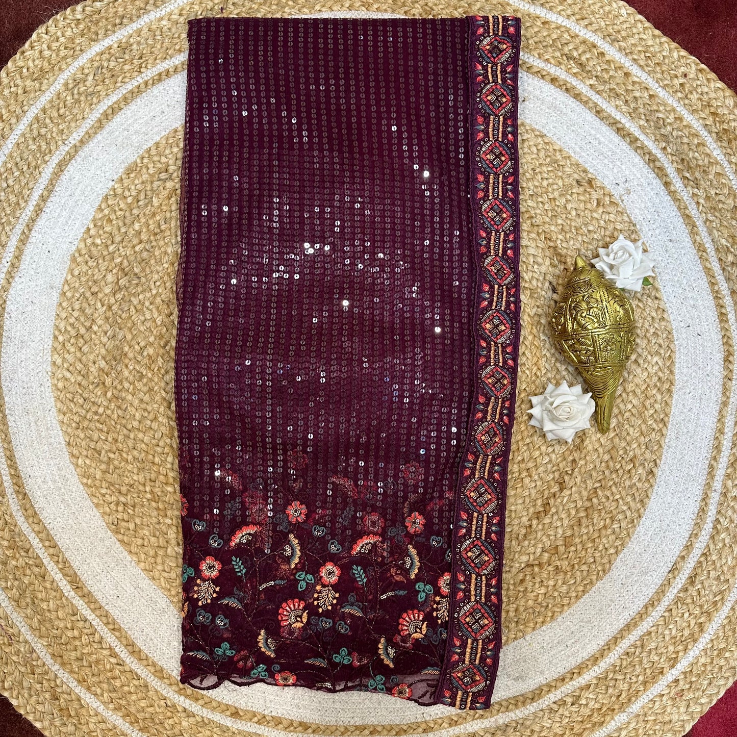 Sequins Net Sari Indian Fancy Party wear Saree Wine V1