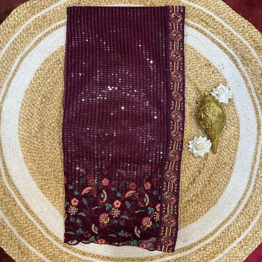 Sequins Net Sari Indian Fancy Party wear Saree Wine V1