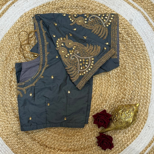 44” Size 14 Aari Worked Sari Blouse Indian Saree Top Silk Grey B245