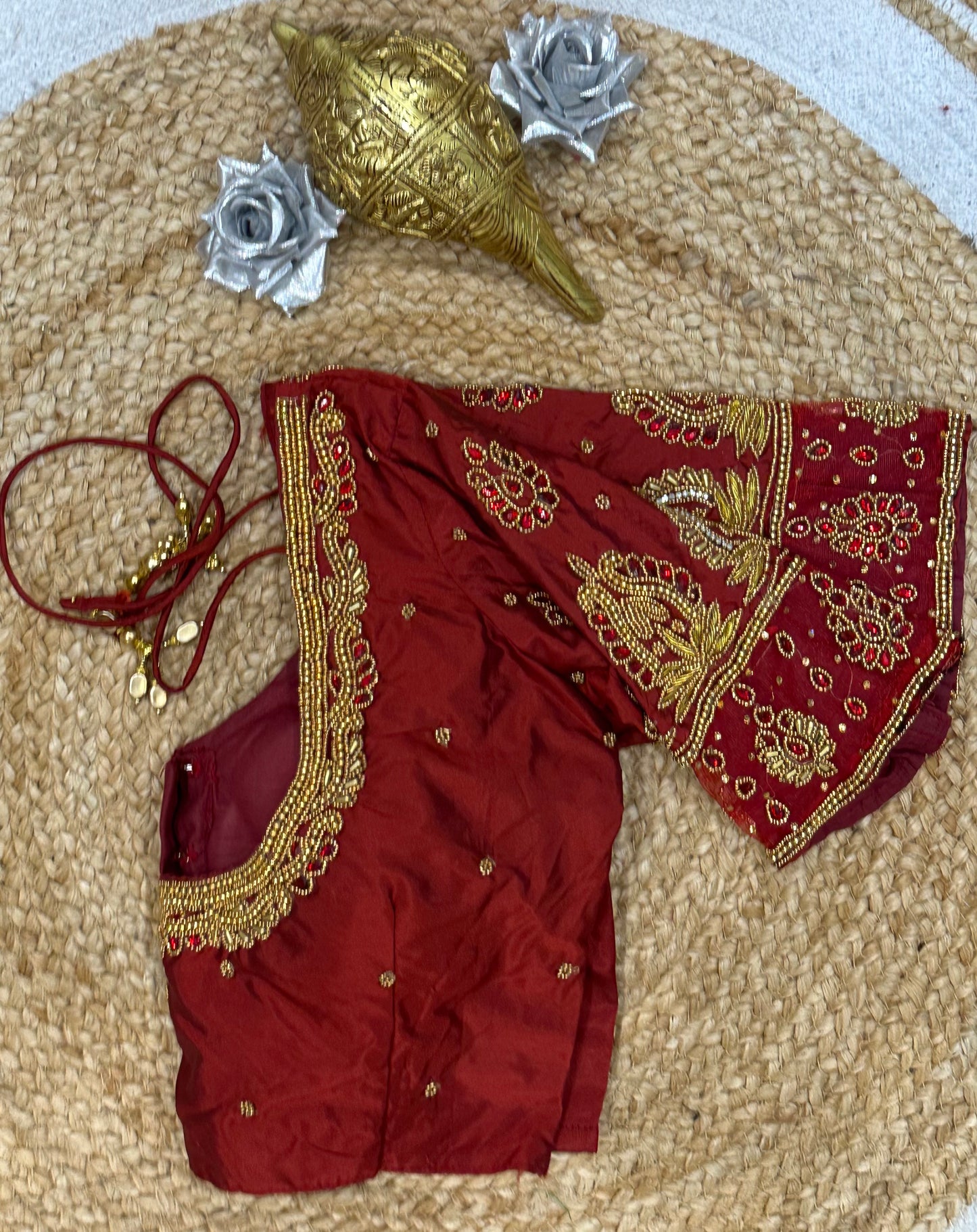 34” XSmall Aari Worked Sari Blouse Indian Saree Top Silk Maroon B115