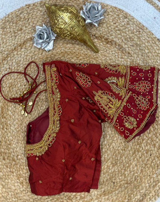 34” XSmall Aari Worked Sari Blouse Indian Saree Top Silk Maroon B115
