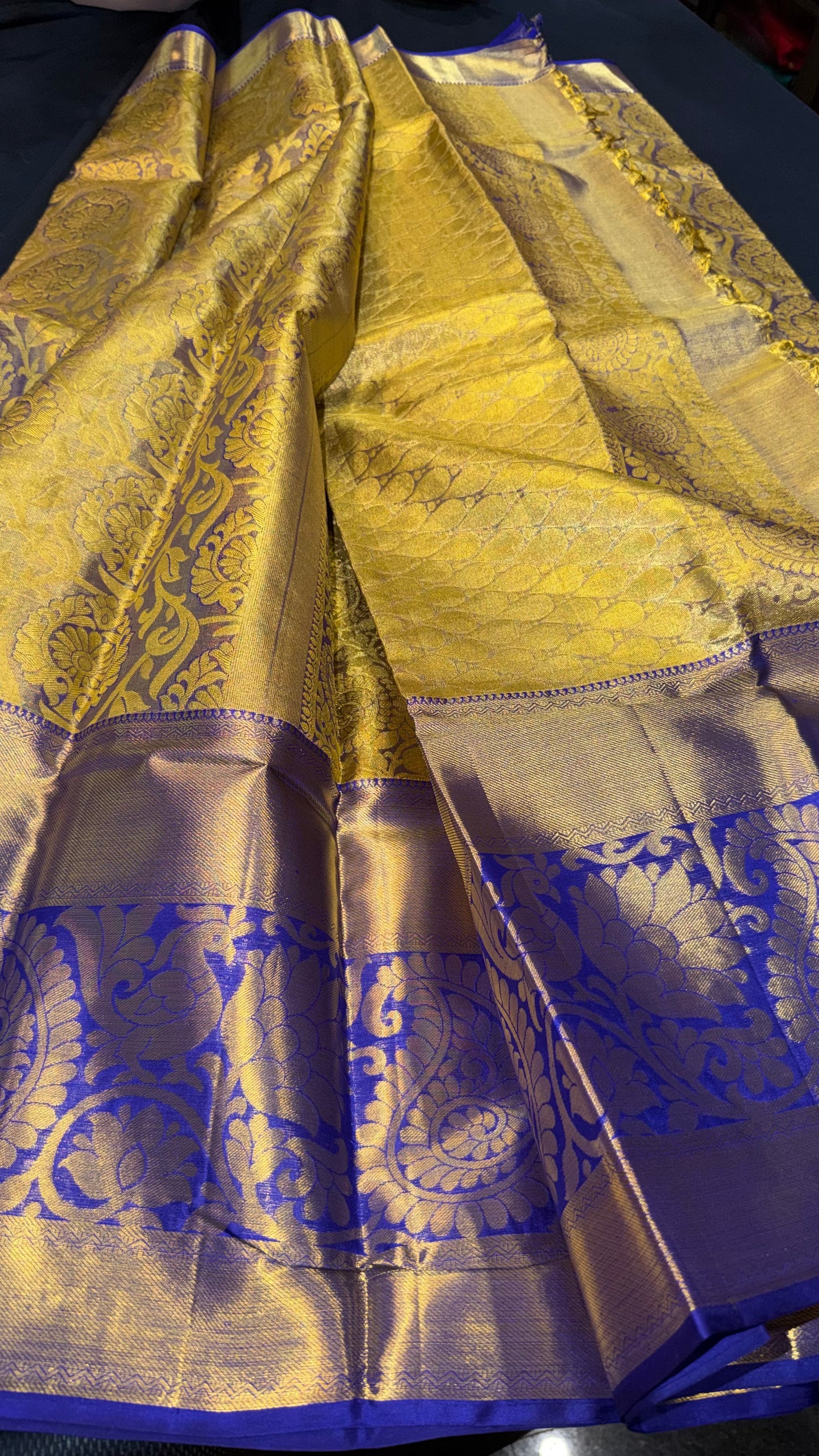 Kanchipuram Tissue Bridal Pure Silk Saree with Gold Zari Blue & Gold Sari| SPK097