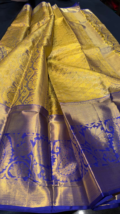 Kanchipuram Tissue Bridal Pure Silk Saree with Gold Zari Blue & Gold Sari| SPK097
