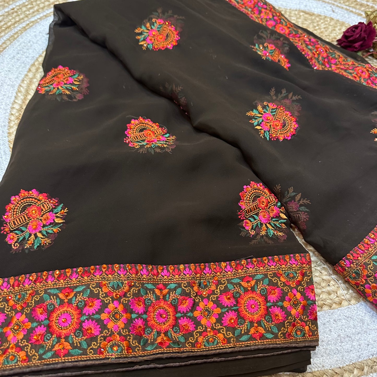 Georgette Sari Indian Fancy Party wear Saree Dark Brown SAR2