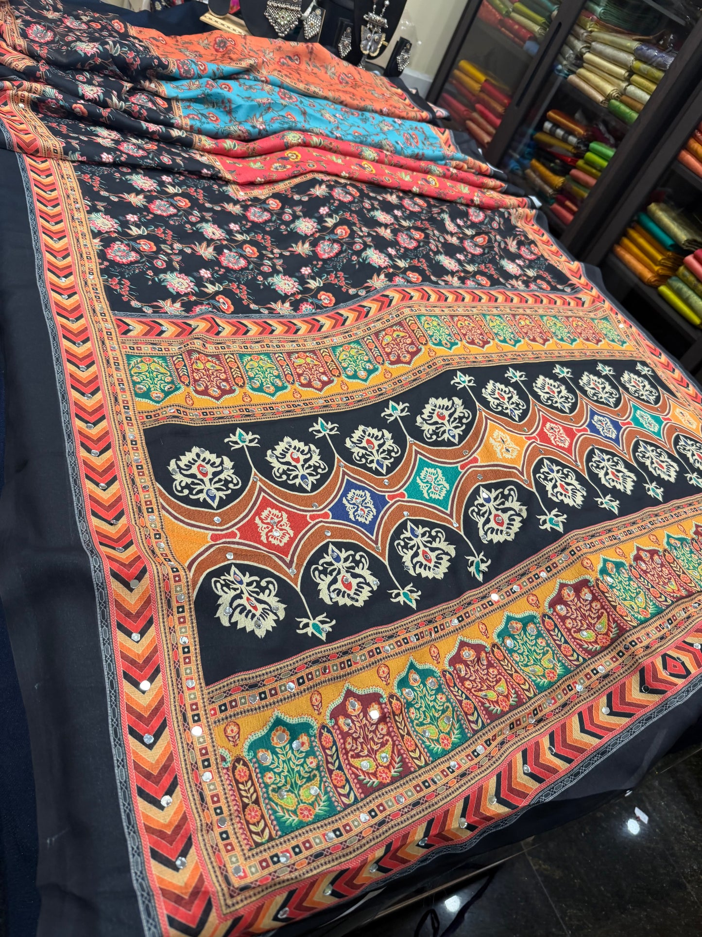 Black Multi Mirror Worked Masakali Sari Indian Fancy Saree C3