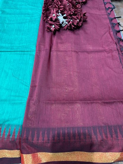 Kalyani Silk Cotton Sari Indian Saree Aqua & Burgundy S51