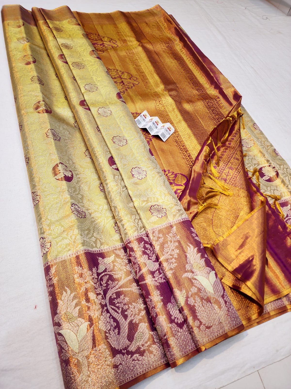 Kanchipuram Pure Silk Saree Bridal Cream Kanjivaram Sari SPK246