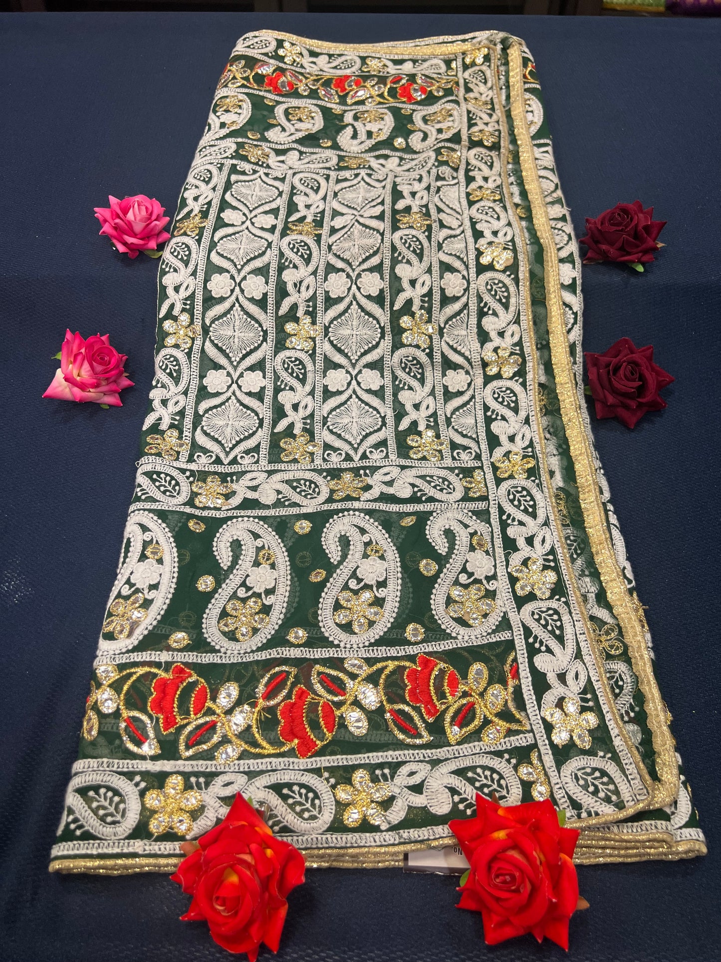 Green heavily embroidered Phulkari dupatta D2