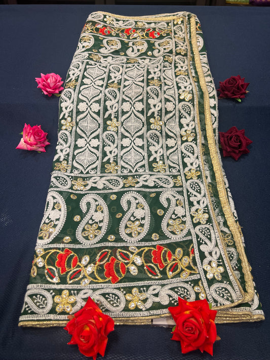 Green heavily embroidered Phulkari dupatta D2