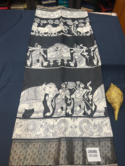 Kalamkari black and white Sari Indian casual Saree C6