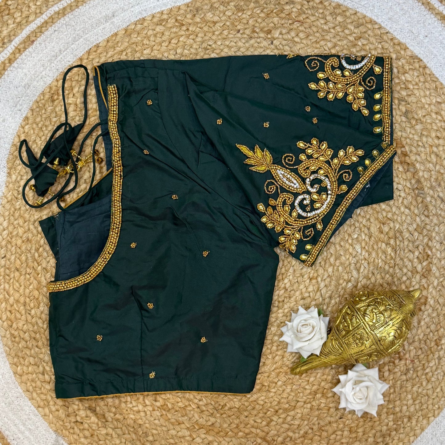 46” Size 16 Aari Worked Sari Blouse Indian Saree Top Silk Dark Green B227