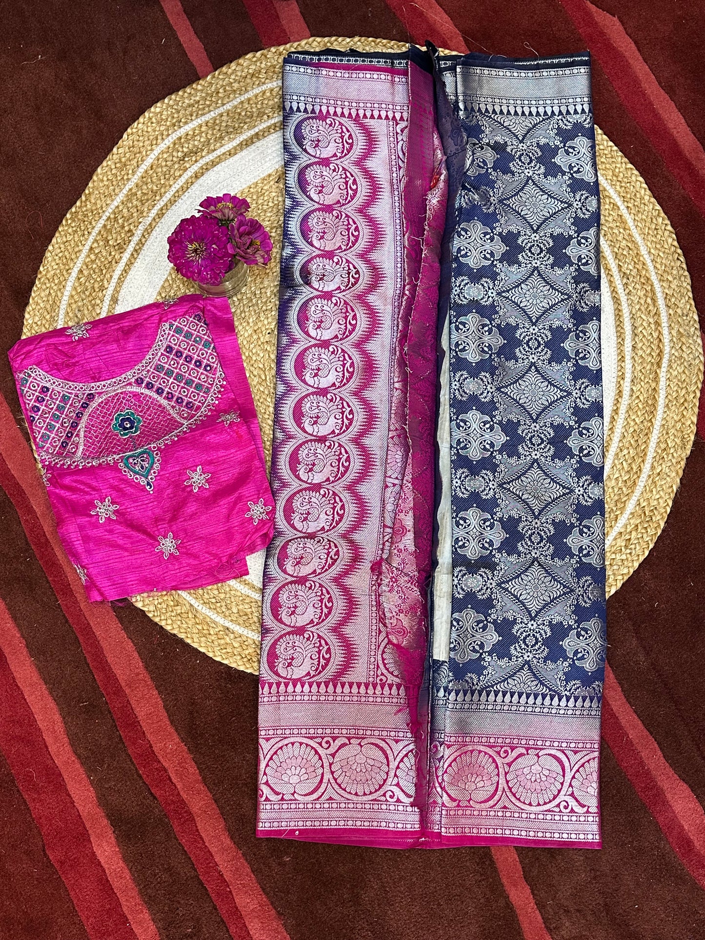 Bangalore Silk Sari Indian Fancy Saree Blue & Pink S68