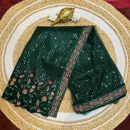 Sequins Net Sari Indian Fancy Saree Bottle Green V1