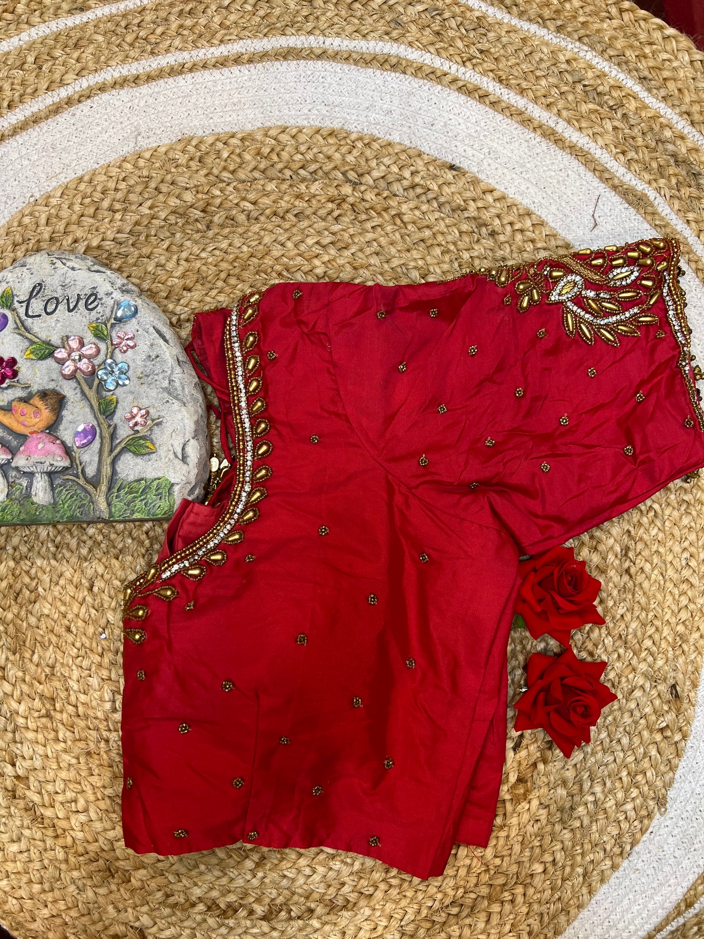 40” Aari hand Worked Sari Blouse Indian Top Choli Silk Red B31