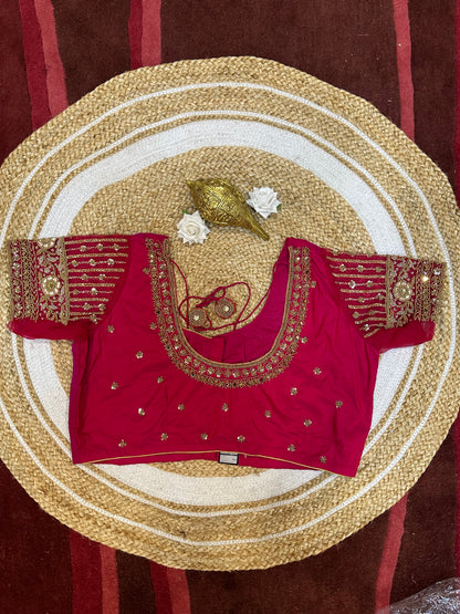 50” Size 20 Aari Worked Sari Blouse Indian Saree Top Silk Red B51