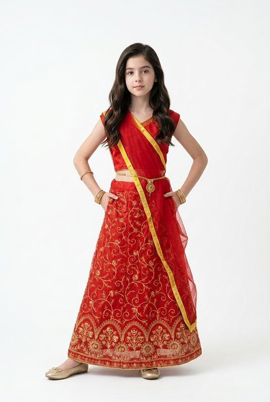 28” Size Age 5 to 6 Red Indian Lehenga Pavadai Sattai Skirt Top Lahenga G81