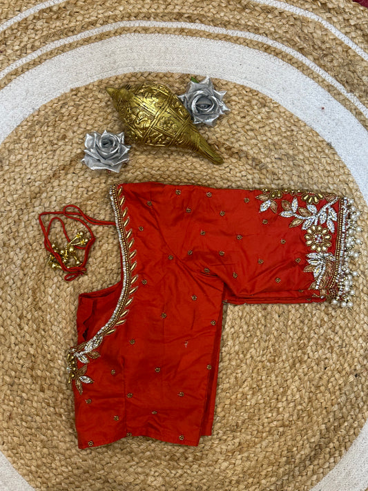 34” XSmall Aari Worked Sari Blouse Indian Saree Top Silk Red B125