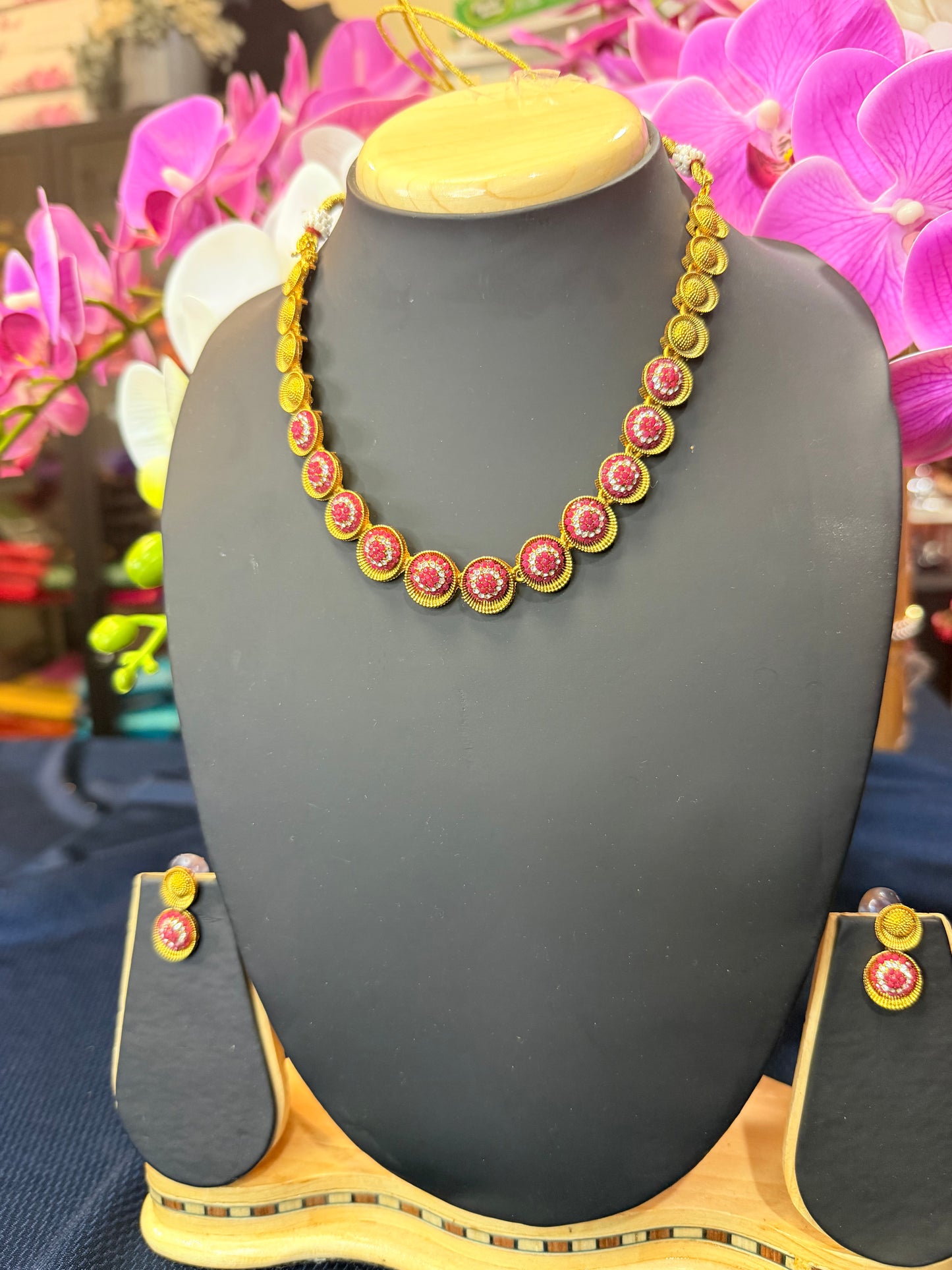 Indian Necklace & Earrings Ruby Pink Addiyal Jewellery Set V4